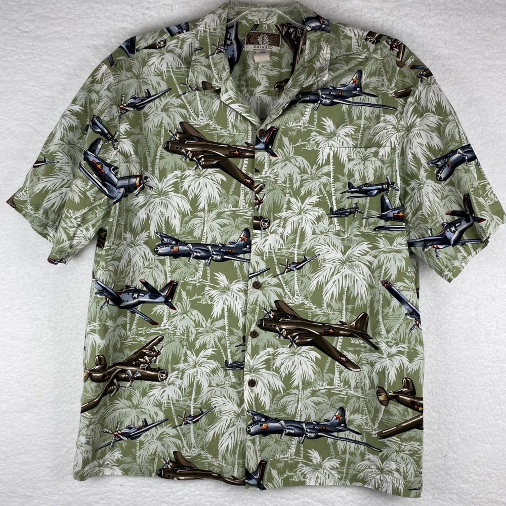 Kalaheo Mens‎ 2X Hawaiian Shirt Airplanes Palm Trees Button Up Aloha